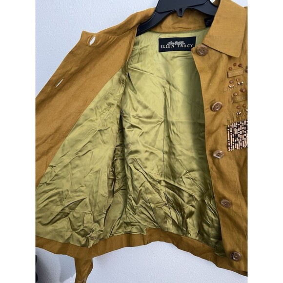 VTG Linen Beaded Cropped Oversized Jacket Mustard ButtonUp Cowgirl Boho Western - Picture 12 of 15